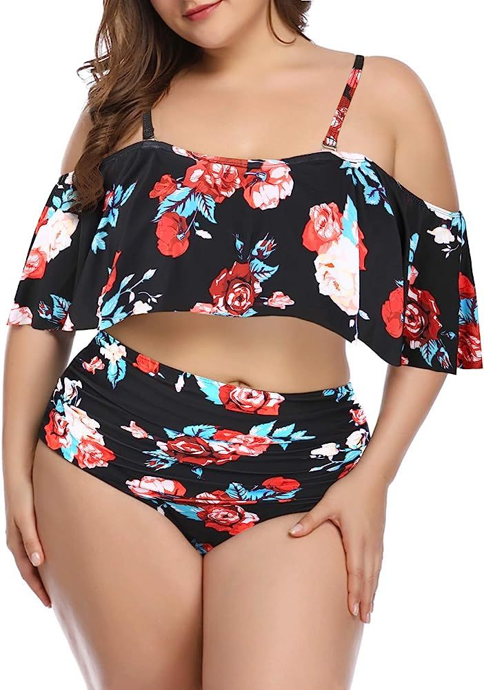 Plus Size Two Piece Swimsuits for Women Off Shoulder Top High Waisted Ruched Bikini | Amazon (US)