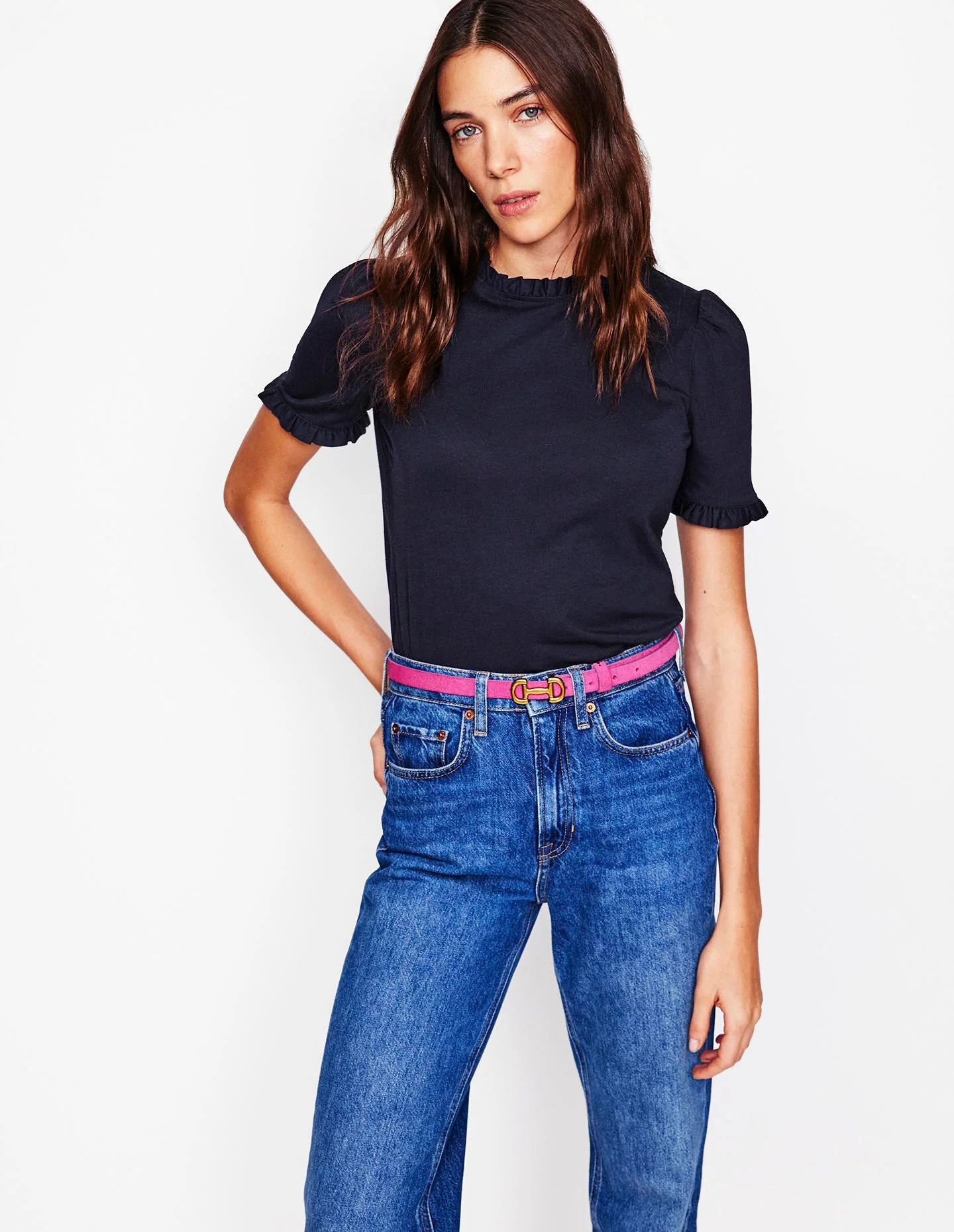 Supersoft Frill Detail T-shirt-Navy | Boden (US)