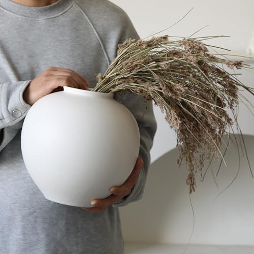 Extra Large White Ceramic Flower vase, Decorative Jar Oversize Modern Centerpiece Table Decorations,Round Shape Rustic Ceramic vases for Home Decor Dining Room (White, 9.4 * 9.4 * 9.1inch) | Amazon (US)