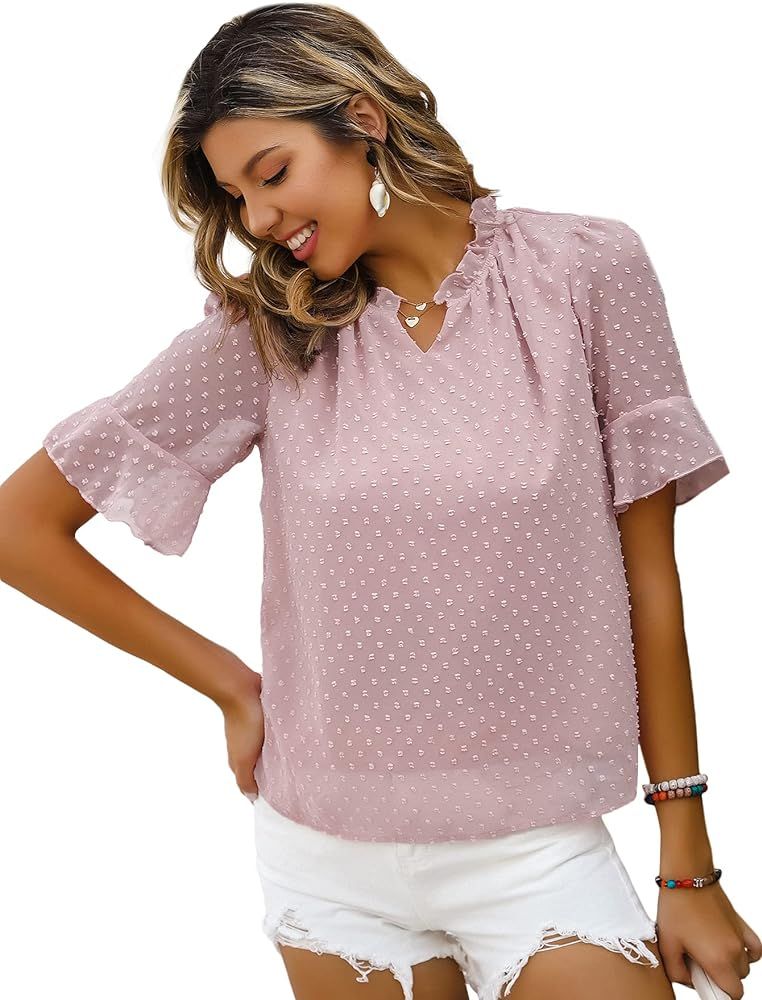 Milumia Women's Swiss Dots Ruffle Cuff Short Sleeve Blouse Notched Neck Sheer Top | Amazon (US)