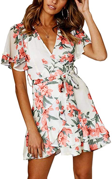 Angashion Women's Floral Short Sleeve Wrap V Neck Ruffle Mini Dress with Belt | Amazon (US)