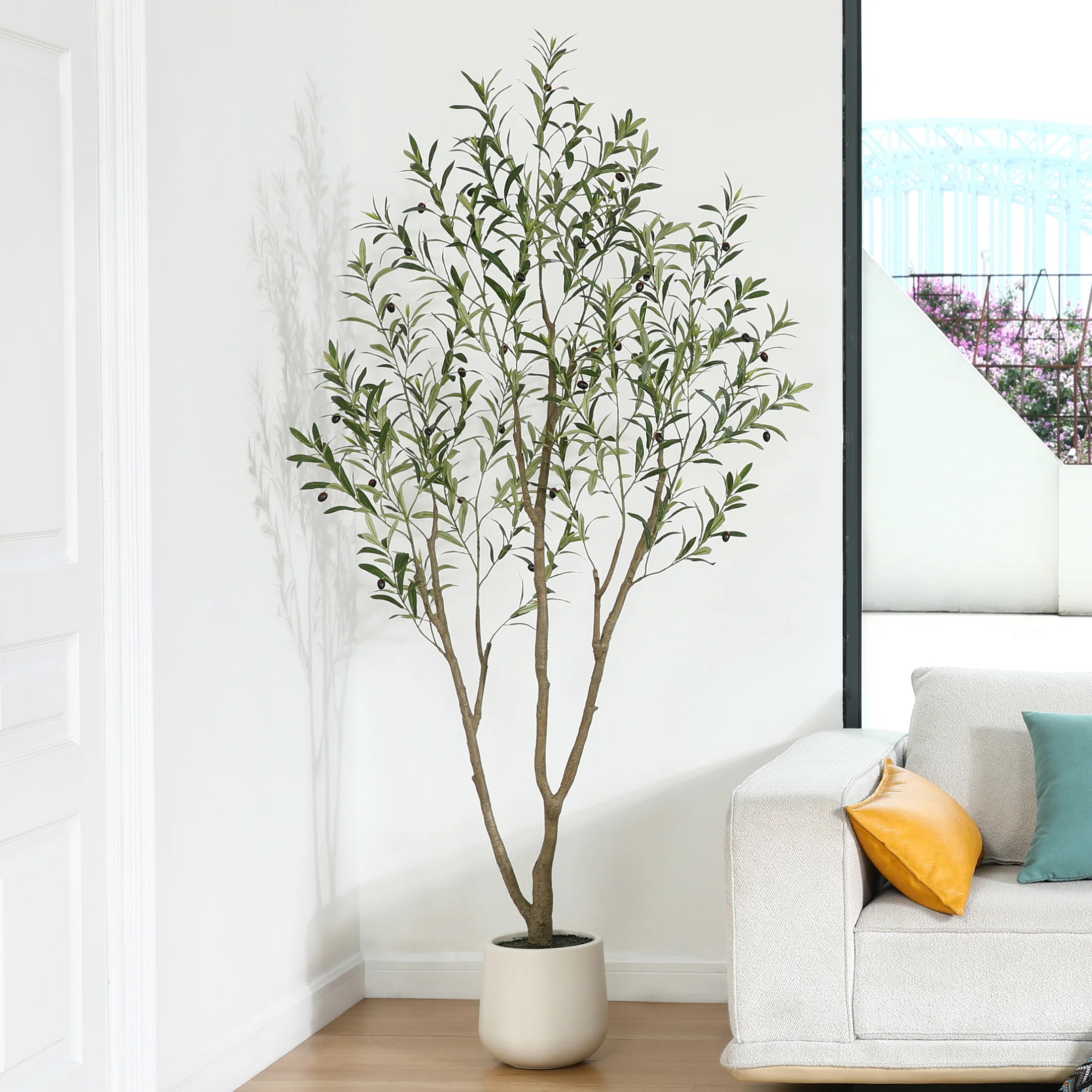 Primrue Adcock Faux Olive Tree with Oval White Planter, Pre Potted Fake Greenry Olive Plant for H... | Wayfair North America