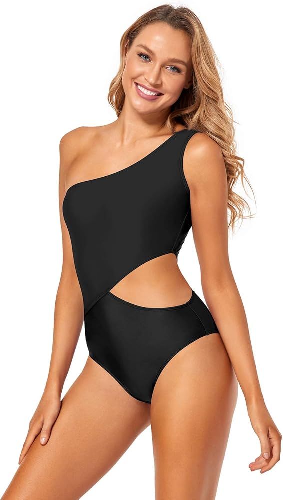 Annbon Women's Cutout One Piece Swimsuit Color Block One Shoulder Monokini Bathing Suit | Amazon (US)