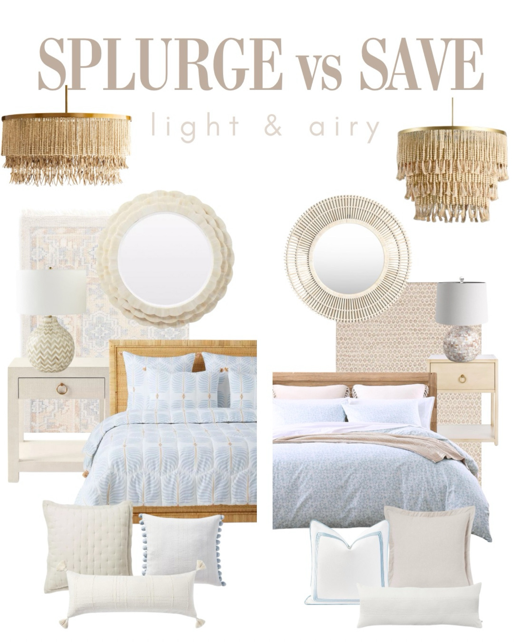 Two looks for my primary bedroom...

The collection on the left is my current bedding collection that also includes Target sheets and Wayfair bench. I buy Serena and Lily ONLY when it's on sale (right now it's 30% off) and often I stack my Trade discount. 

The bedroom on the right is the inspired style, a mix of some of the same pieces and budget friendly options that give you the same look and mood. 

⭐️ Don't forget Euro pillows.. three for a king and two for a full or queen. 

⭐️ I use a Dyson Air Purifer fan in replacement of a ceiling fan so I can have a chandelier. It cools the room and blows directly on us. 

#LTKOver40 #LTKStyleTip #LTKHome