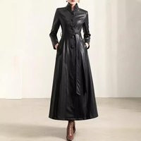 Black Leather Coat Fabric-Covered Buttons Long Winter Jacket Dress | Etsy (US)