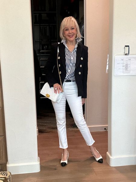  Classic summer whether you are in the Hampton’s, Florida or on  yacht. White straight leg Girlfriend jeans, a navy and white stripe button front blouse with a classic double breasted blazer. Wear all of these pieces year round. 
The spectator low heeled slingback shoe is having a moment. 
@veronicabeard @lovechicos 

#LTKShoeCrush #LTKStyleTip #LTKOver40