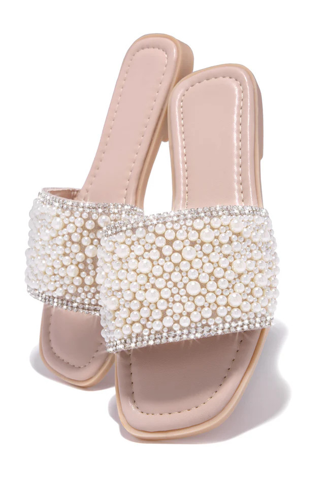 Miss Lola | Nude Faux Pearl Slip On Sandals | MISS LOLA