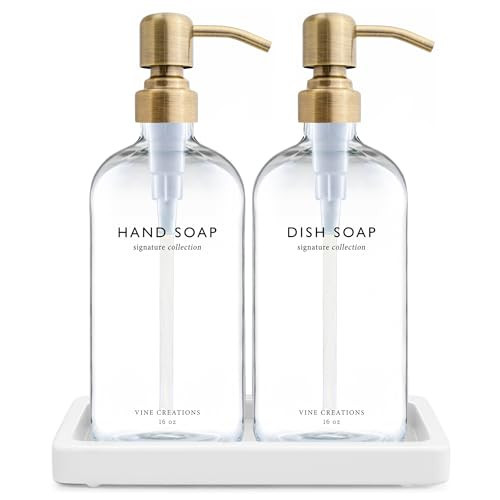 Vine Creations Glass Soap Dispenser Set, Kitchen Soap Dispenser Set with Ceramic Tray, 16 oz Dish Soap and Hand Soap Dispensers with Stainless Steel Pump Decor (Clear Bottle/Brushed Brass) | Amazon (US)