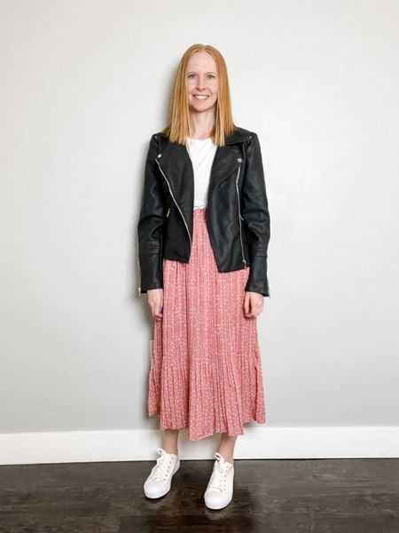 Wearing size Xs in skirt and S in faux leather jacket. Leather jacket outfit, pink midi skirt outfit, spring fashion, modest fashion, women’s fashion  

#LTKstyletip #LTKFind #LTKfit