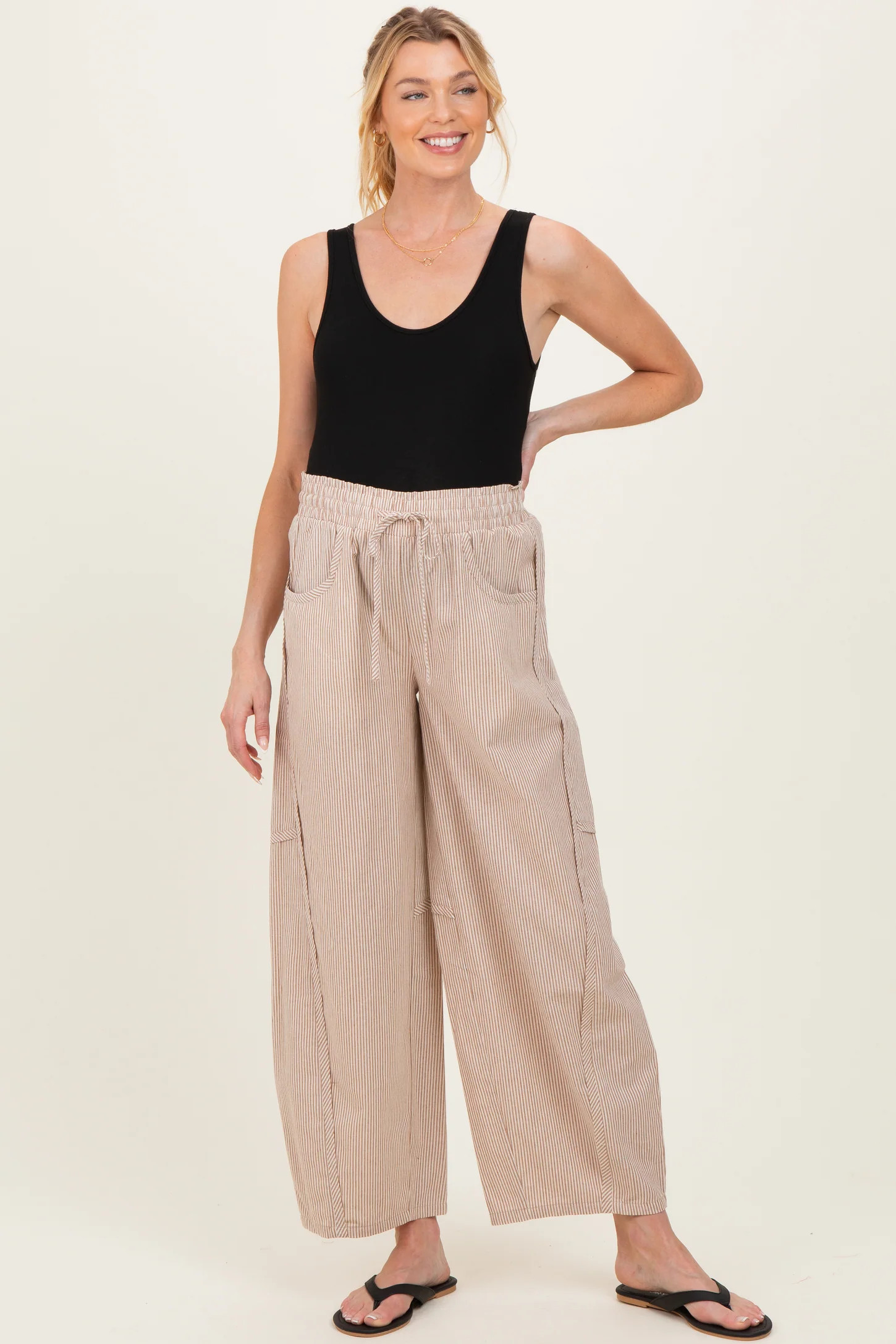Camel Striped Cotton Barrel Leg Maternity Pants | PinkBlush Maternity