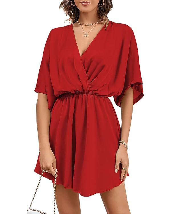 LYANER Women's Satin V Neck Twist Ruffle Flowy Swing Short Sleeve Elegant Mini Dress | Amazon (US)