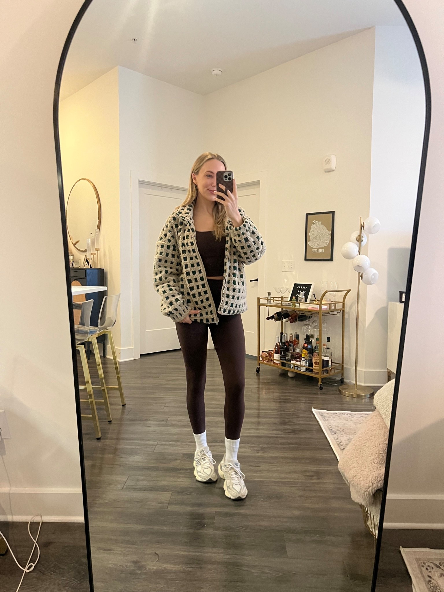 Sherpa zip up jacket, brown Pilates outfit, Pilates socks, new balance sneakers workout outfit 

#LTKdayinmylife #LTKfitnessgoals