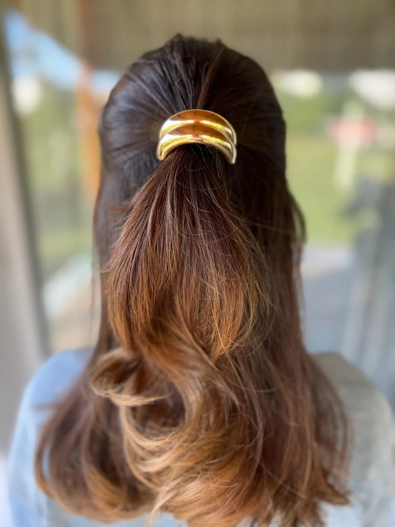 Glossy Double Arch Elastic Ponytail Holder, Ponytail Wedding Hair Cuff, Gold/silver Metal Hair Cl... | Etsy (US)