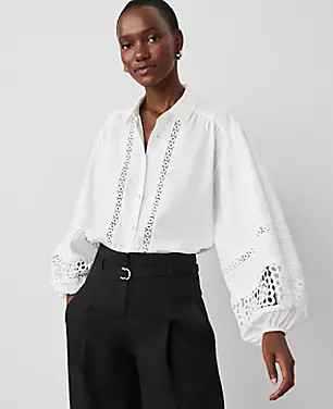 Embroidered Linen Blend Puff Sleeve Blouse | Ann Taylor