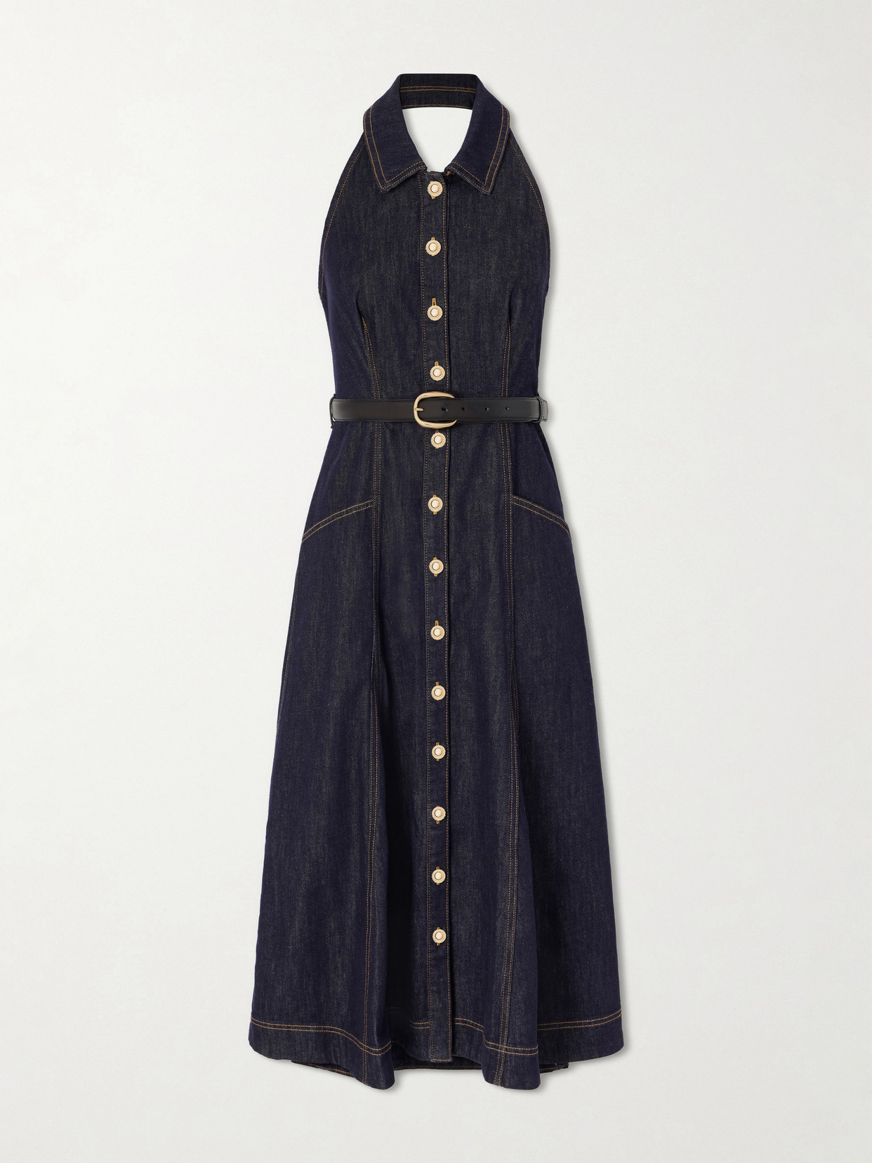 Self-Portrait - Belted Halterneck Denim Midi Dress - Blue | NET-A-PORTER (US)