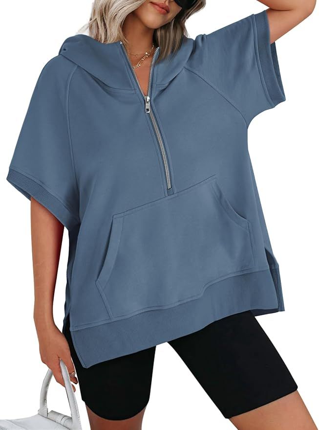 AUTOMET Oversized Hoodies for Women Short Sleeve Half zip Sweatshirt Fleece Loose Fit Pullover 20... | Amazon (US)