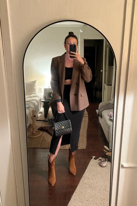 Dinner date outfit- Sezane blazer (I sized up 6 sizes for a super oversized/boyfriend style fit), Jenni Kayne skirt (size downed to xs, use code ALYSSA15 for 15% off), Brochu Walker boots (fit tts, code ALYSSA15 for 15% off) 