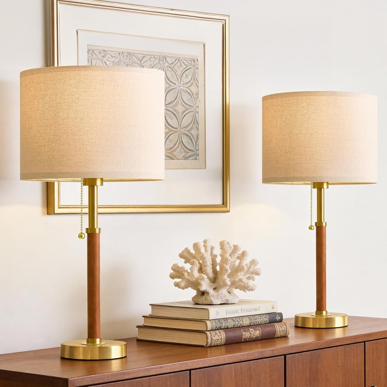 22" Wood Table Lamps Mid Century Modern Lamp for Bedroom Living Room | Amazon (US)