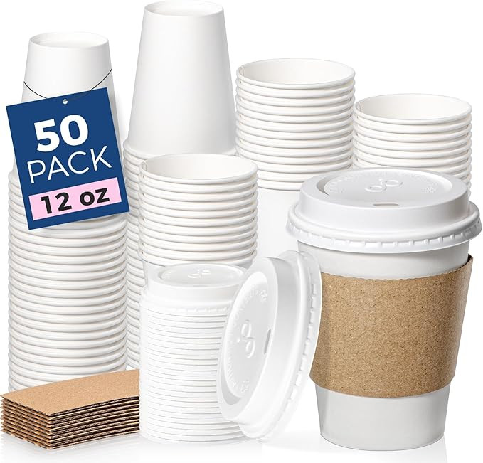 Fit Meal Prep 50 Pack 12 oz Disposable Coffee Cups with Lids, Sleeves, Leak-Proof To Go Coffee Cu... | Amazon (US)