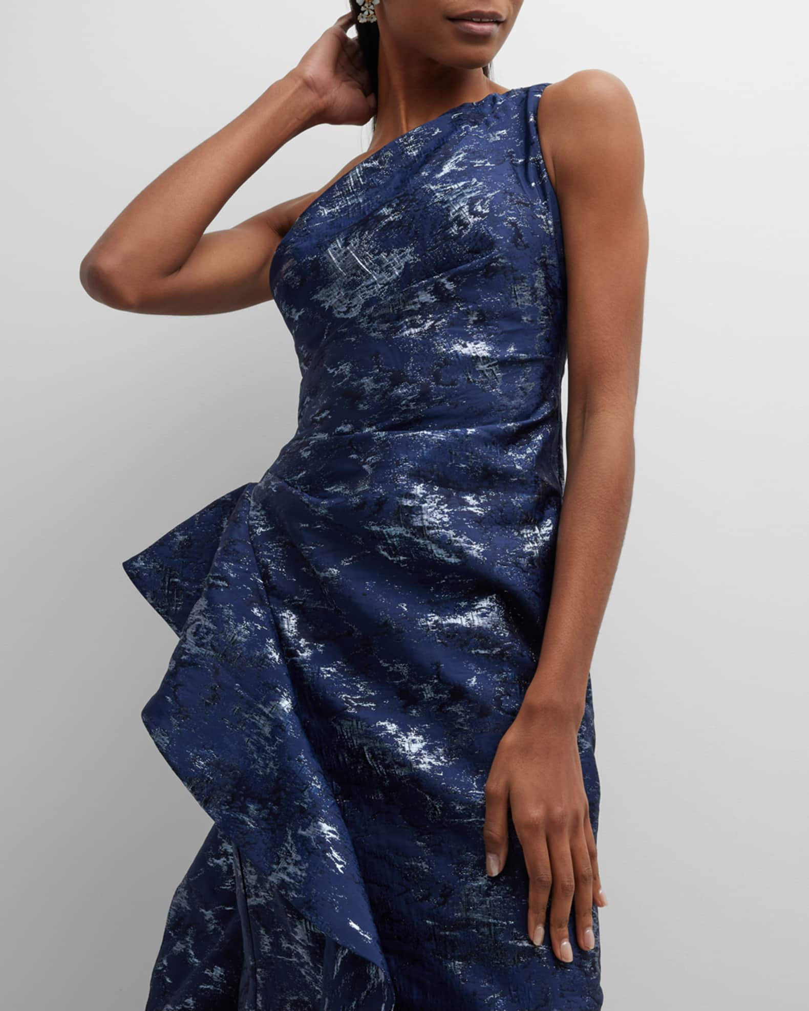 Metallic Jacquard One-Shoulder Side-Ruffle Gown | Neiman Marcus