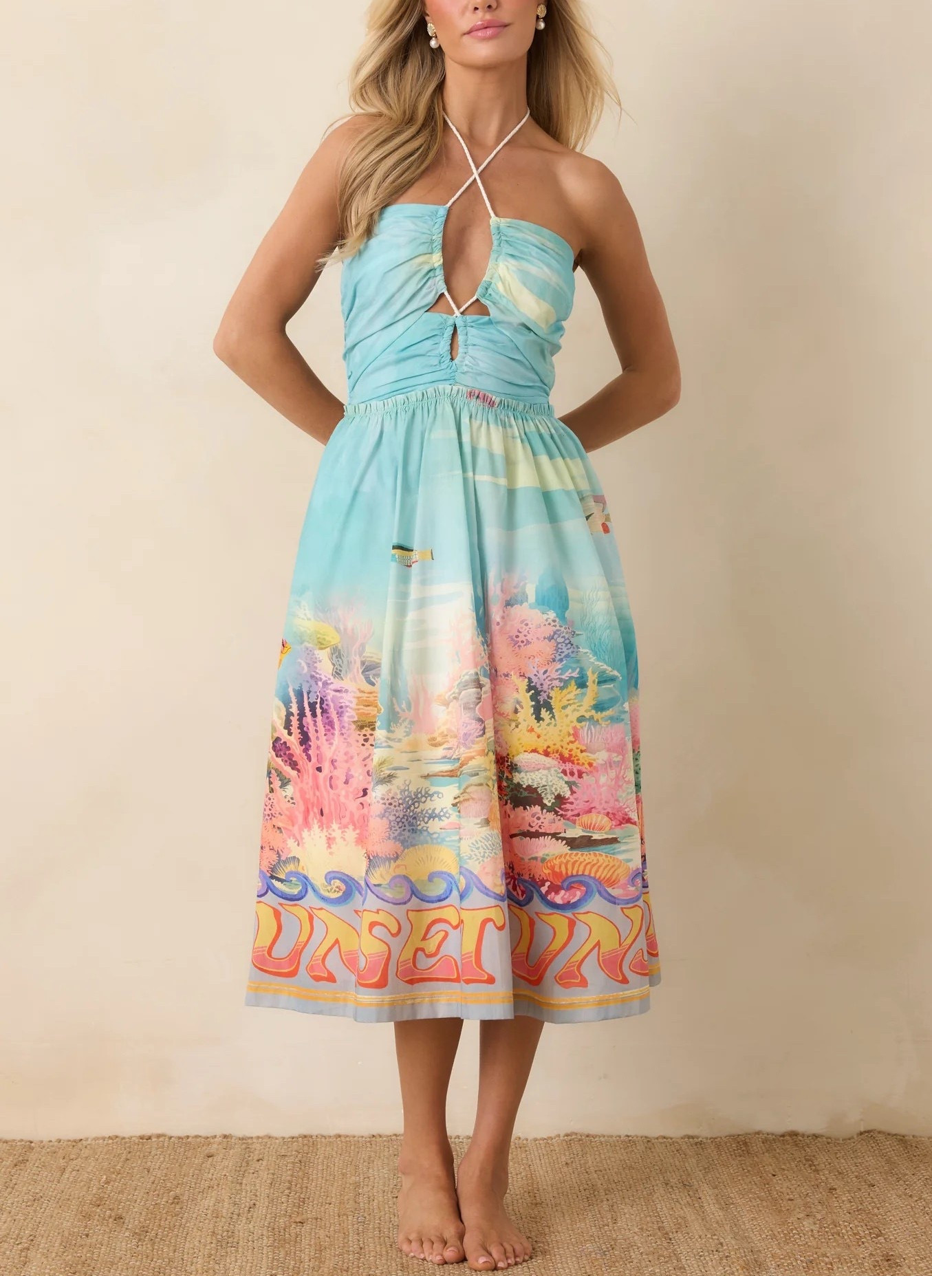 Dive intoan aquatic getaway in the Paradisa Fernandina Blue Multi Cotton Reef Print Midi Dress, a vibrant piece inspired by the beauty of ocean reefs. Crafted from lightweight cotton, this halter-style midi features a softly gathered bodice with a keyhole detail and a flattering cinched waist that flows into a breezy, full skirt. Under $200.

Keywords: Halter dress, resort outfit, resort outfit women, resort dress, resort dress women, Easter outfit women, women Easter outfit, spring dress, blue midi dress, spring dresses women, summer dress, summer dresses women, vacation dress, tropical getaway dresses, dresses for tropical vacation, travel dress, dresses for the Caribbean, outfits for the beach, beach vacation outfits, beach vacation dresses, floral print dress, floral print midi dress, floral print maxi dress, two-piece set #LTKSpringSale

#LTKTravel #LTKootd