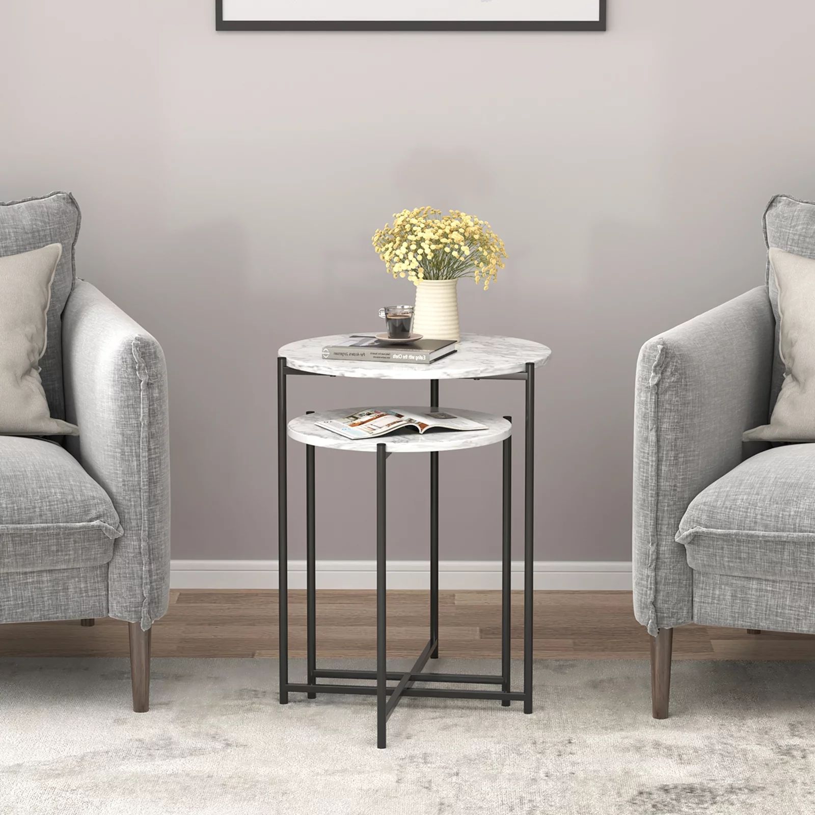 EMB 2PCS Modern Metal Frame Coffee Table, Nesting Side Table for Living Room, Bedroom, Black - Wa... | Walmart (US)