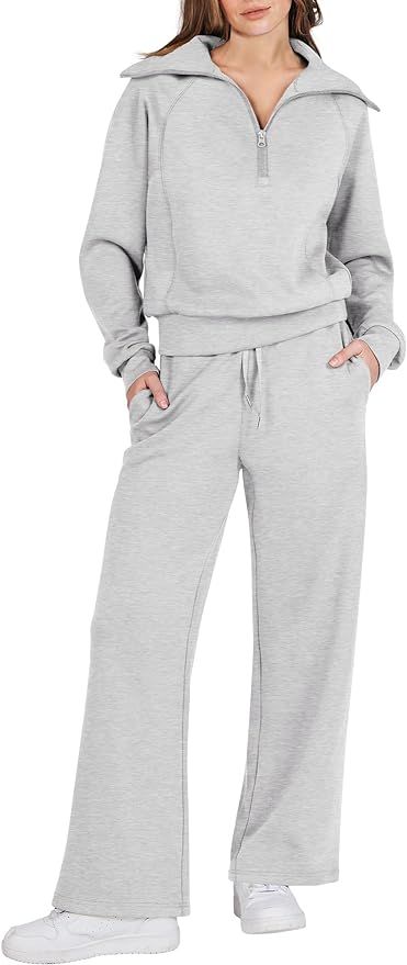 LOGENE Womens 2 Piece Sweatsuits Lounge Joggers Sets Half Zip Sweatshirts with Wide Leg Sweatpant... | Amazon (US)