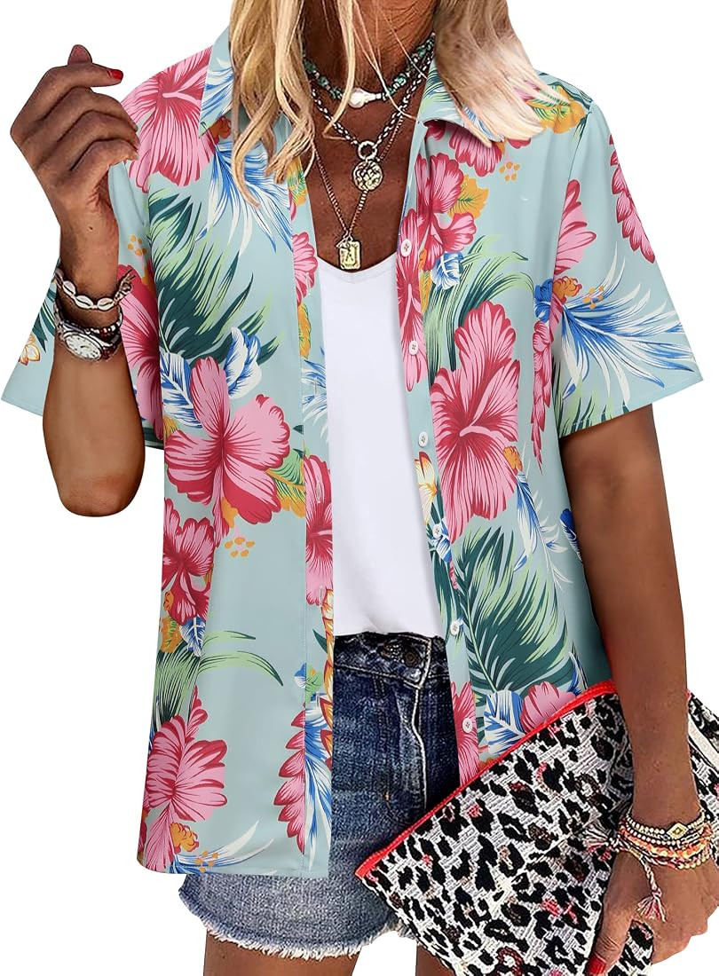 Women Summer Hawaii Shirts Soft Cool Floral Tropic Print Short Sleeve Button Up Tops T-Shirt | Amazon (US)