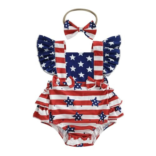 YINGISFITM My First 4th of Julu Baby Girl Outfit Newborn Onesie Sleeveless Ruffle Stars Stripes Romper Usa Flag Cute Clothes (4th of July, 6-12 Months) | Amazon (US)