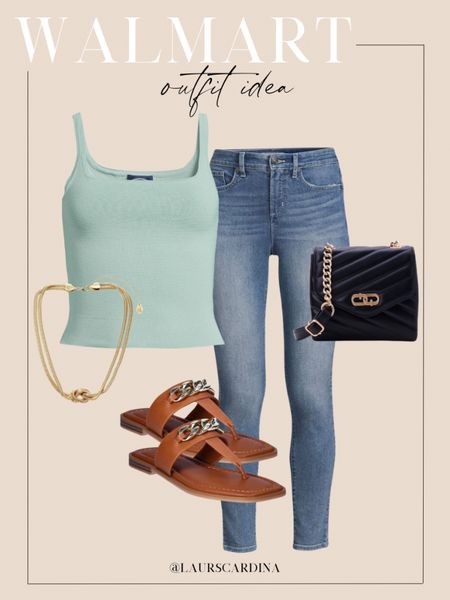 This Walmart outfit idea includes a green tank paired with skinny jeans, a gold knot necklace, black and gold purse, and brown sandals. 

Ootd, spring outfit, spring style, Walmart fashion, casual outfit idea 

#LTKshoecrush #LTKfindsunder50 #LTKstyletip