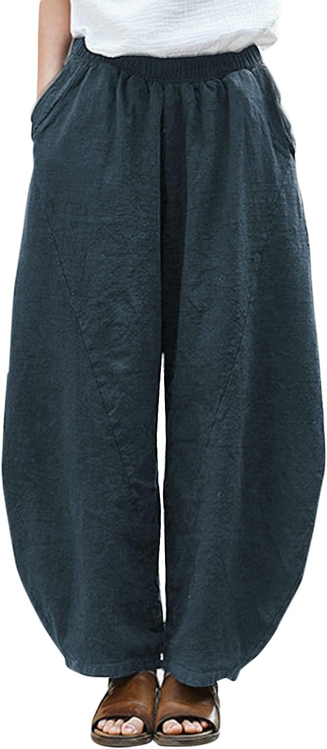 IXIMO Women's Cotton Linen Pants Casual Baggy Elastic Waist Relax Fit Trousers Slacks | Amazon (US)