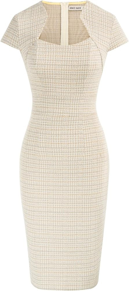 GRACE KARIN Women's Gorgeous Pencil Dress Cap Sleeve Tweed Pencil Dress for Work | Amazon (US)