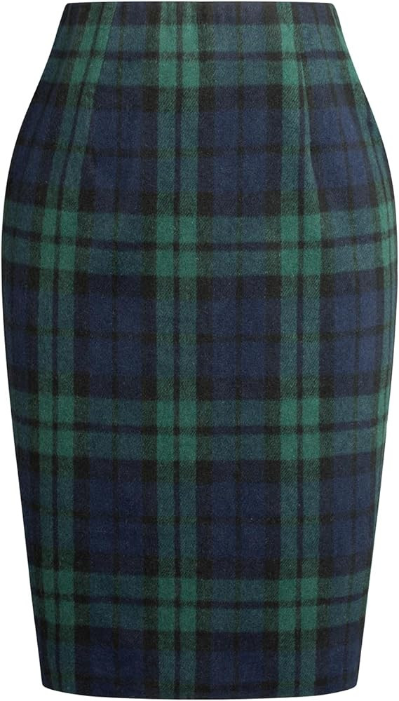 Kate Kasin Womens Wool Plaid Pencil Skirt High Waist Slit Stretchy Bodycon Fall Winter Knee Lengt... | Amazon (US)
