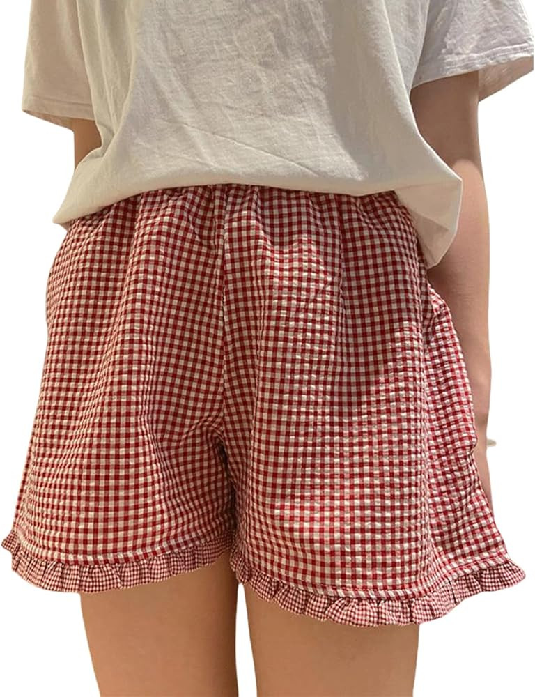 Y2K Plaid Shorts for Women Ruffle Hem High Waist Gingham Shorts Lounge Pajama Boxer Shorts Pj Bot... | Amazon (US)