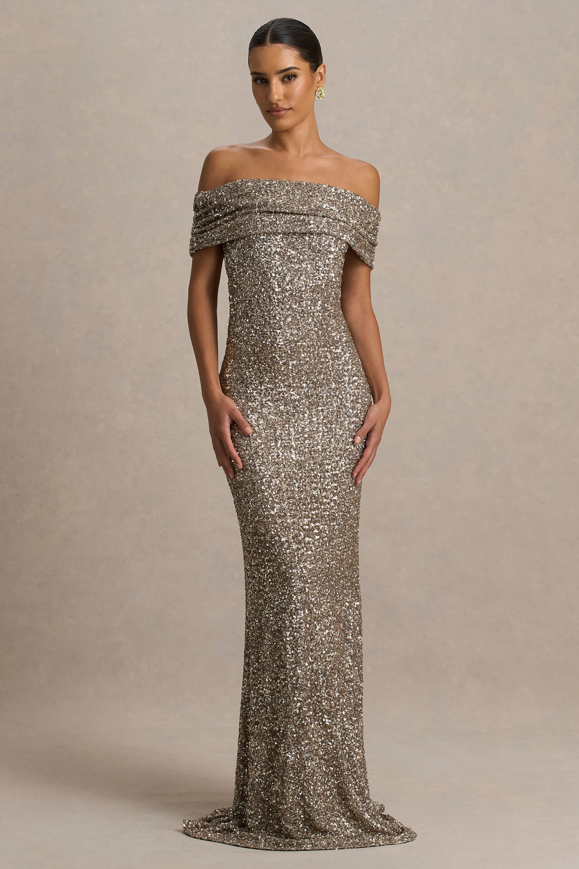 Melina  Champagne Sequin Bardot-Neck Maxi Dress | Club L London