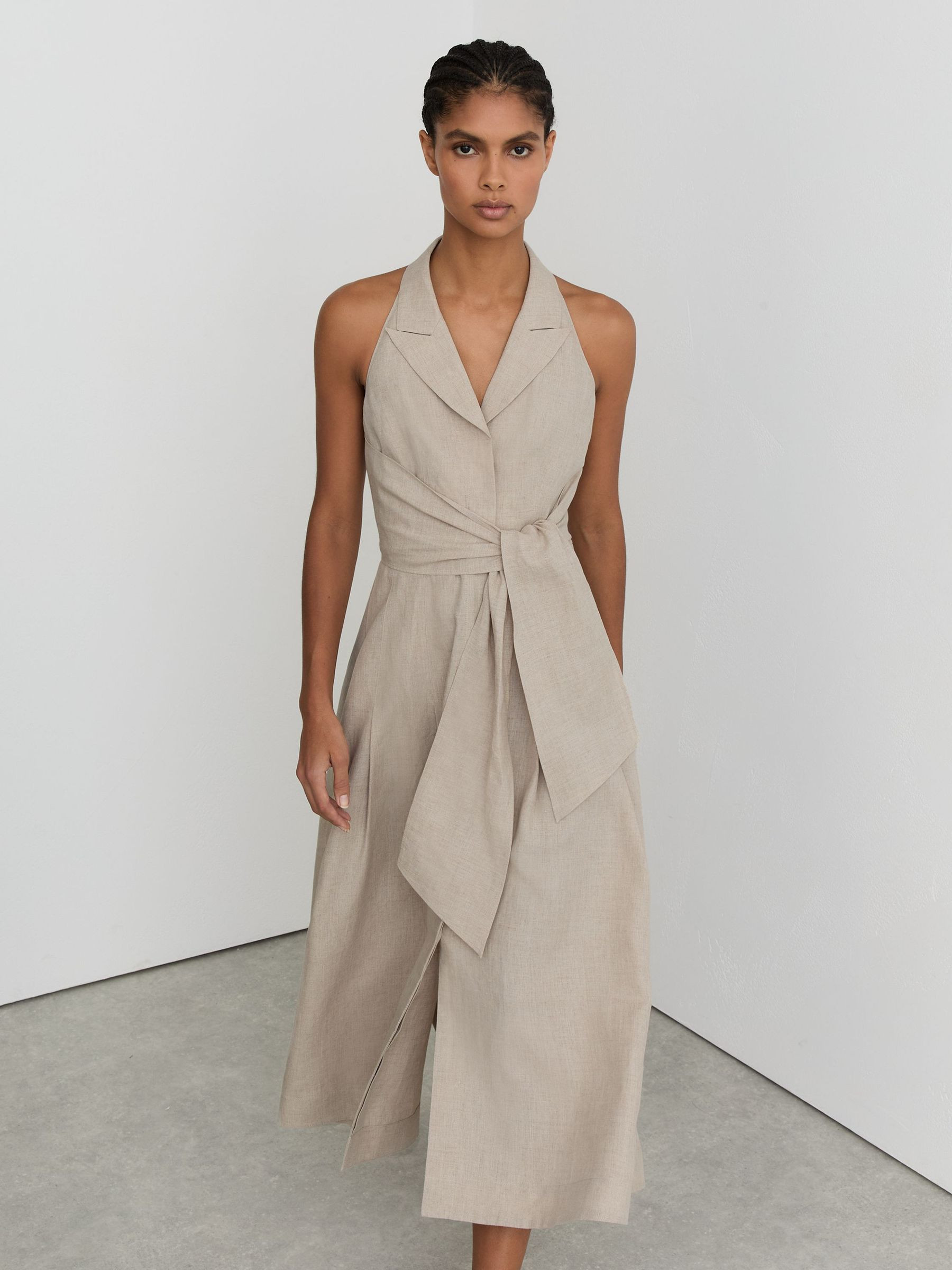 Reiss Linen Tie-Waist Tailored Midi Dress in Neutral | REISS | Reiss US