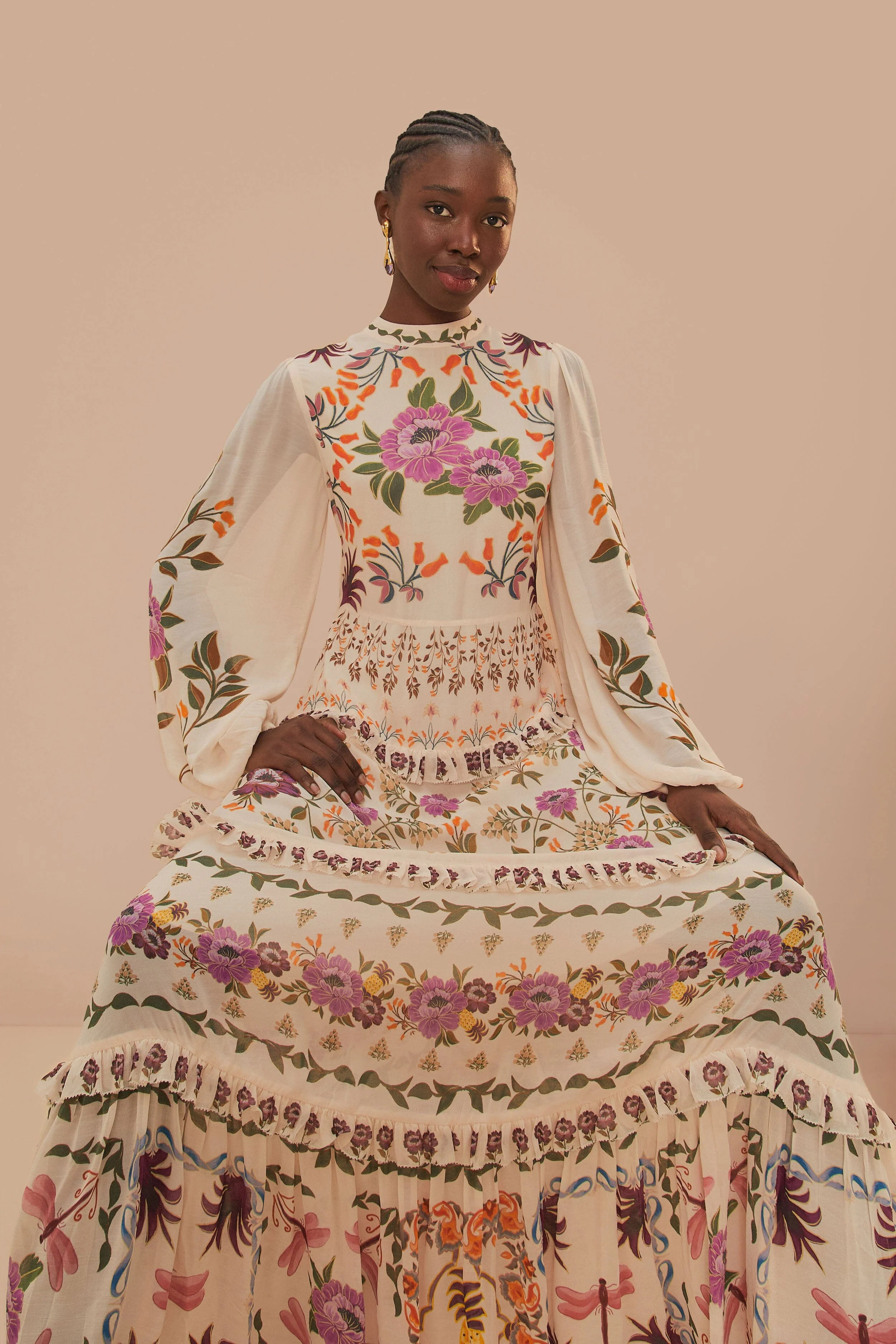 Cream Winter Garden Ruffle Maxi Dress | FarmRio (US)