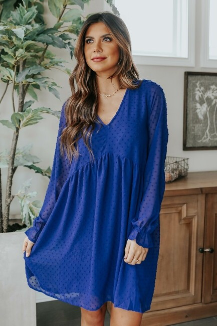 V-Neck Dotted Navy Empire Dress | Magnolia Boutique