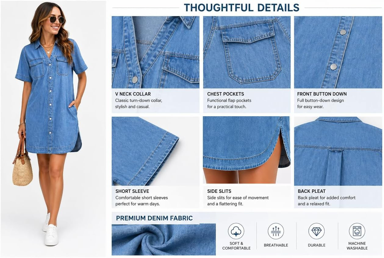 Women's Button Down Denim Mini Shirt Dress Removable Waist Tie | Amazon (US)