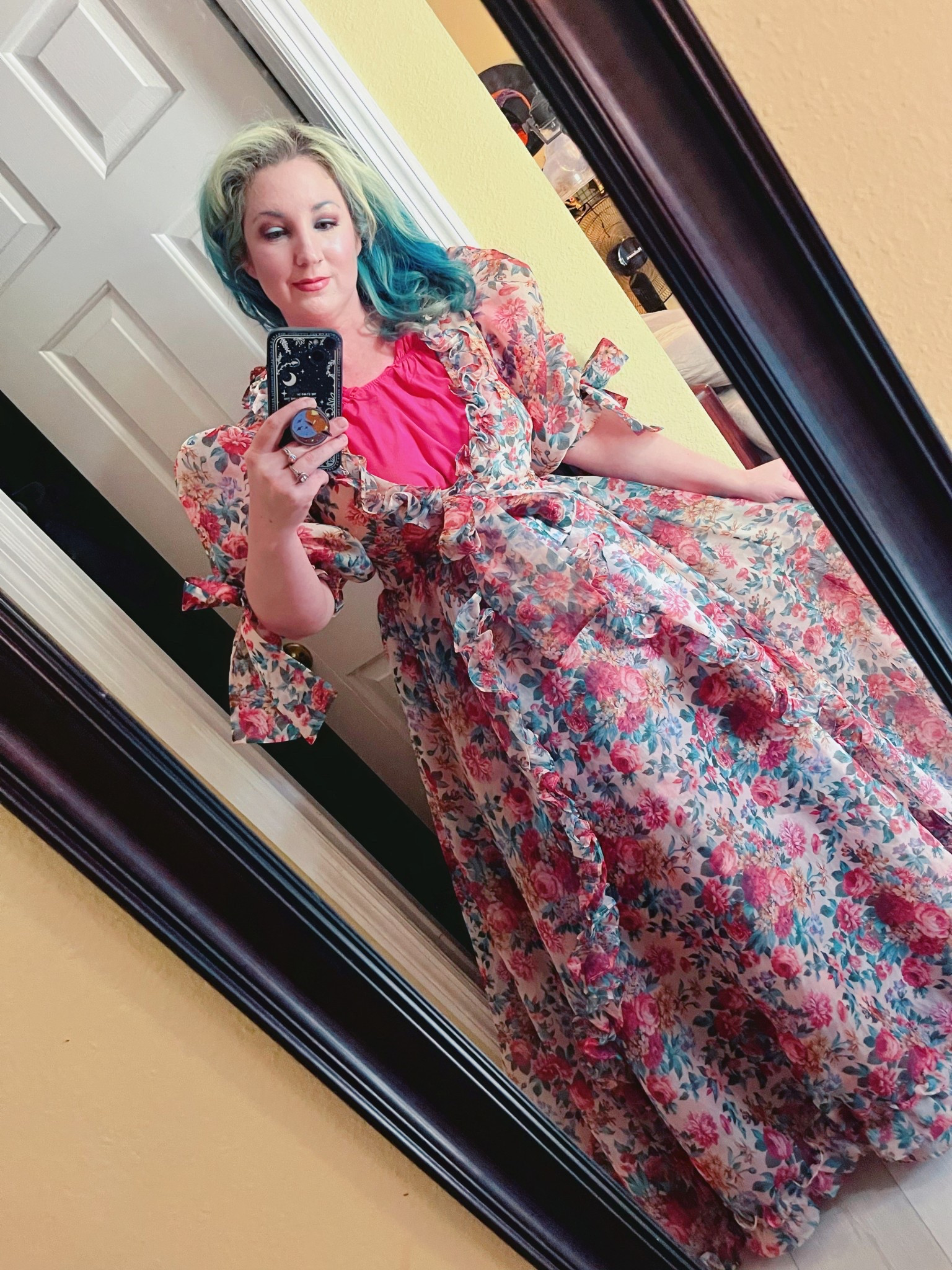 Today’s outfit. A @selkie dress and chemise dress under it. I really really need to do my hair. Ooph 😖😖😖 
#dopaminedressing #selkie #selkiedress #dressedup #todaysoutfit #mirrorpic #mirrorselfie #wearthedress 

#LTKOver40 #LTKStyleTip