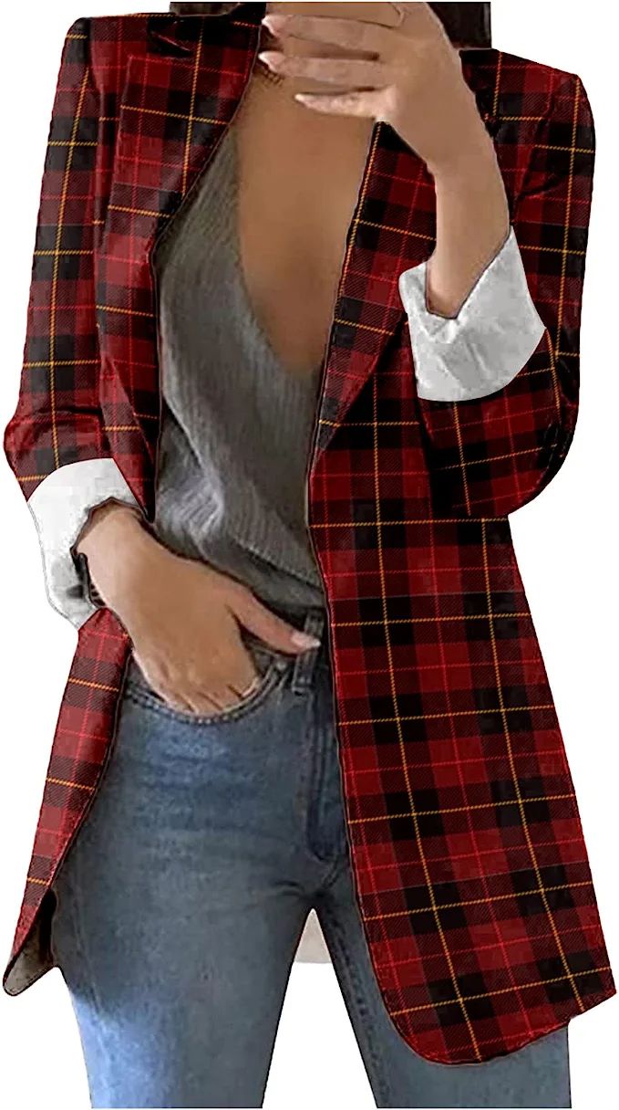 Hemlock Women Plaid Print Blazers Lapel Business Office Jacket Open Front Cardigans Suit Blazer O... | Amazon (US)