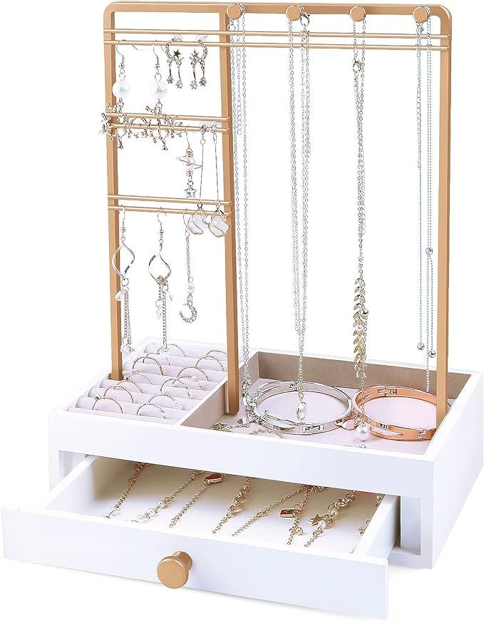 Teamkio White Jewelry Organizer with Large Storage Box, Jewelry Holder, Tabletop Jewelry Stand Di... | Amazon (US)