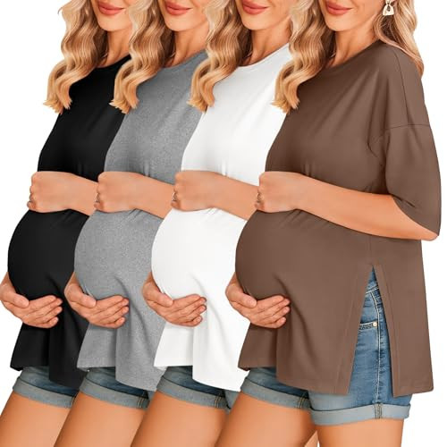 Ekouaer 4 Pack Women's Maternity Shirts Classic Short Sleeve Crew Neck Pregnancy Tops New Mama Clothes Black/Brown/Grey/White L | Amazon (US)