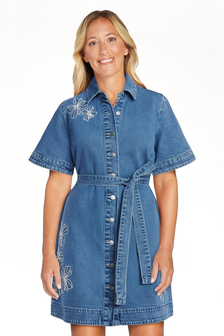 Free Assembly Women's and Women's Plus Embroidered Denim Mini Shirtdress with Belt, Sizes XS-4X | Walmart (US)
