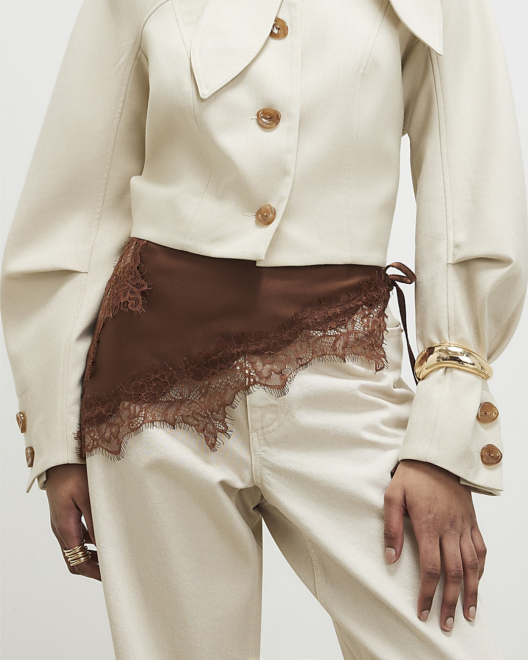 Brown Lace Trim Waist Scarf | River Island UK & IE