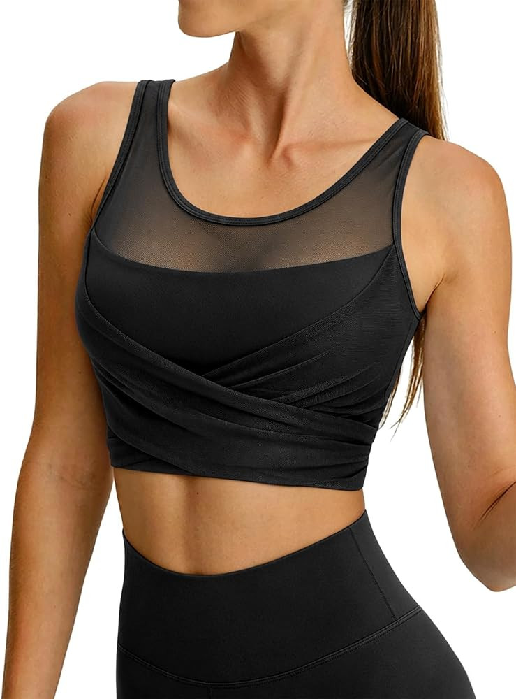BERLOOK Tank Tops with Built in Bra Women Crop Wrap Workout Mesh Sports Bra | Amazon (US)