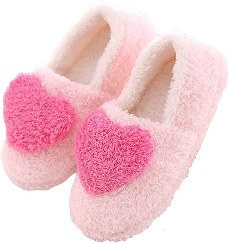 Warm Fluffy Cozy Pink Slippers with Plush Heart for Women | Amazon (US)