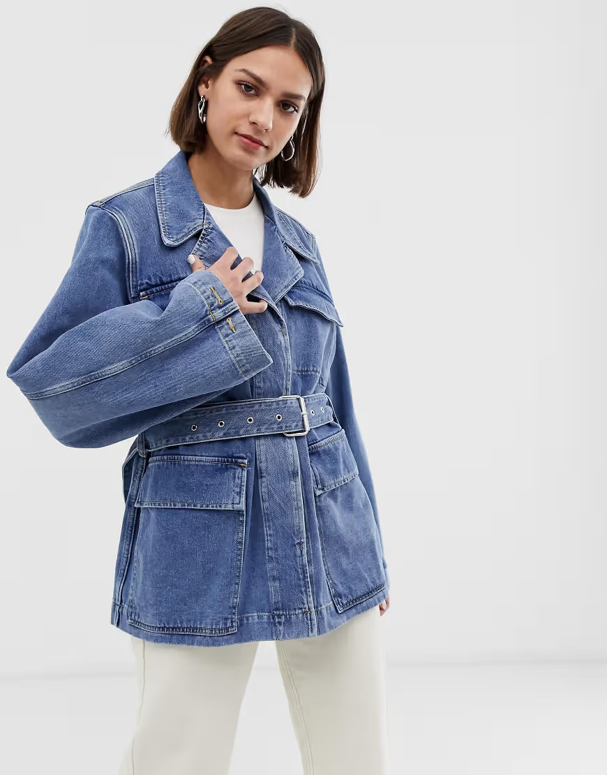Selected Femme tie waist denim jacket with balloon sleeves-Blue | ASOS (Global)