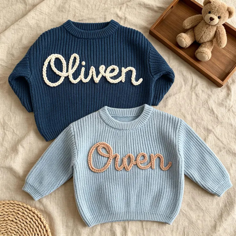 Hand Embroidered Baby Name Sweater, Personalized Baby Sweater with Name, Custom Knit Newborn Crew... | Etsy (Global)