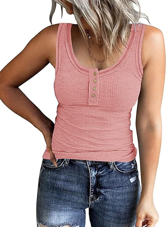 PIIRESO Women's Summer Scoop Neck Ribbed Tank Tops Sleeveless Henley Button Down Casual Shirts | Amazon (US)
